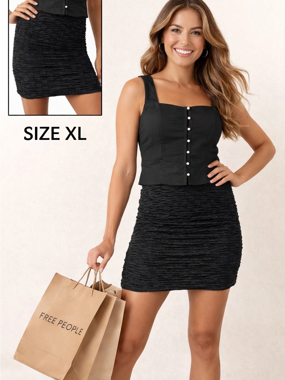 Free People Black Ruched Mini Skirt